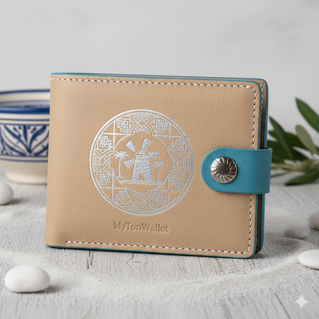 MyTonWallet: The 'Djerba Serenity' Edition - Light Blue & Tan Leather with Coastal Motifs